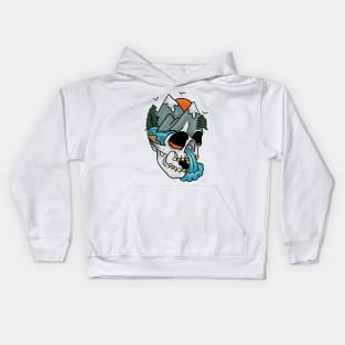 Tattoo Art Skull With Lake, Waterfall, Sunset and Mountains Kids Hoodie